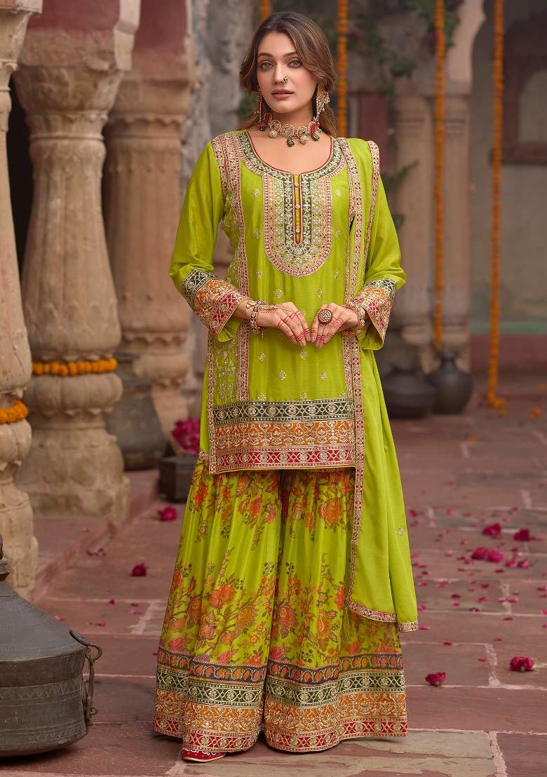 Green Embroidery Chinnon Kurta Set - Indya