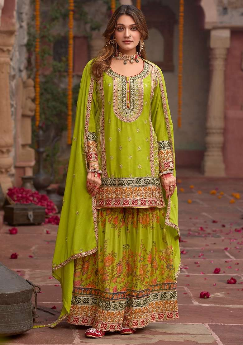Green Embroidery Chinnon Kurta Set - Indya