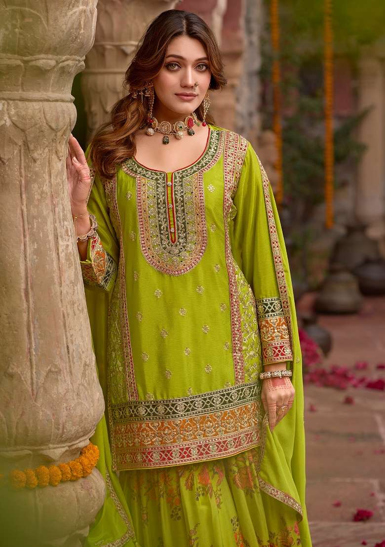 Green Embroidery Chinnon Kurta Set - Indya
