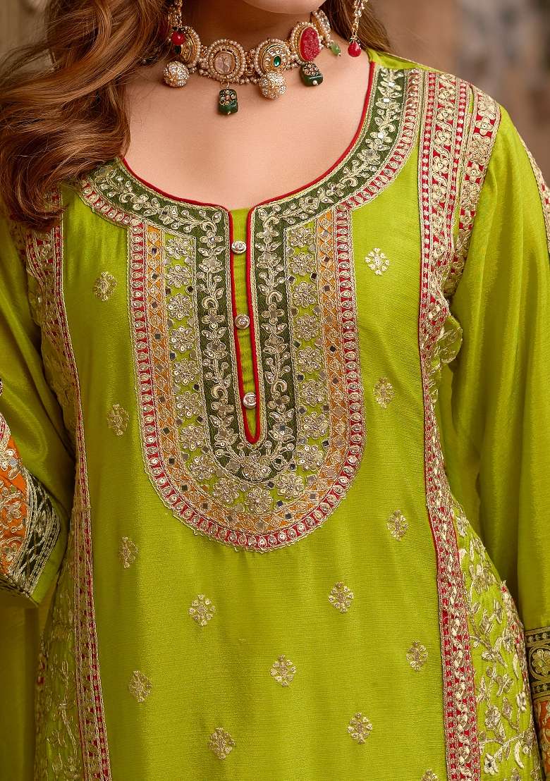 Green Embroidery Chinnon Kurta Set - Indya