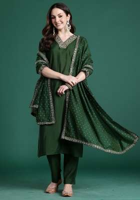 Green Embroidery Silk Kurta Set