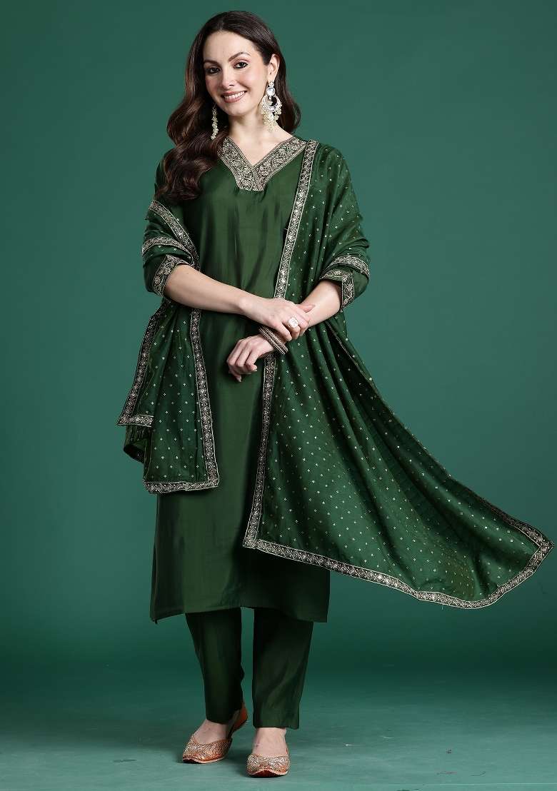 Green Embroidery Silk Kurta Set - Indya