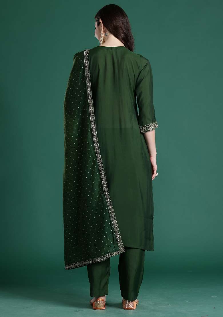Green Embroidery Silk Kurta Set - Indya