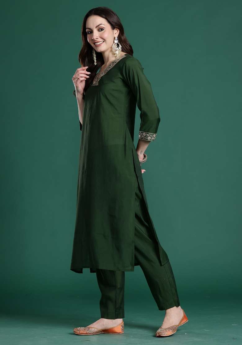 Green Embroidery Silk Kurta Set - Indya