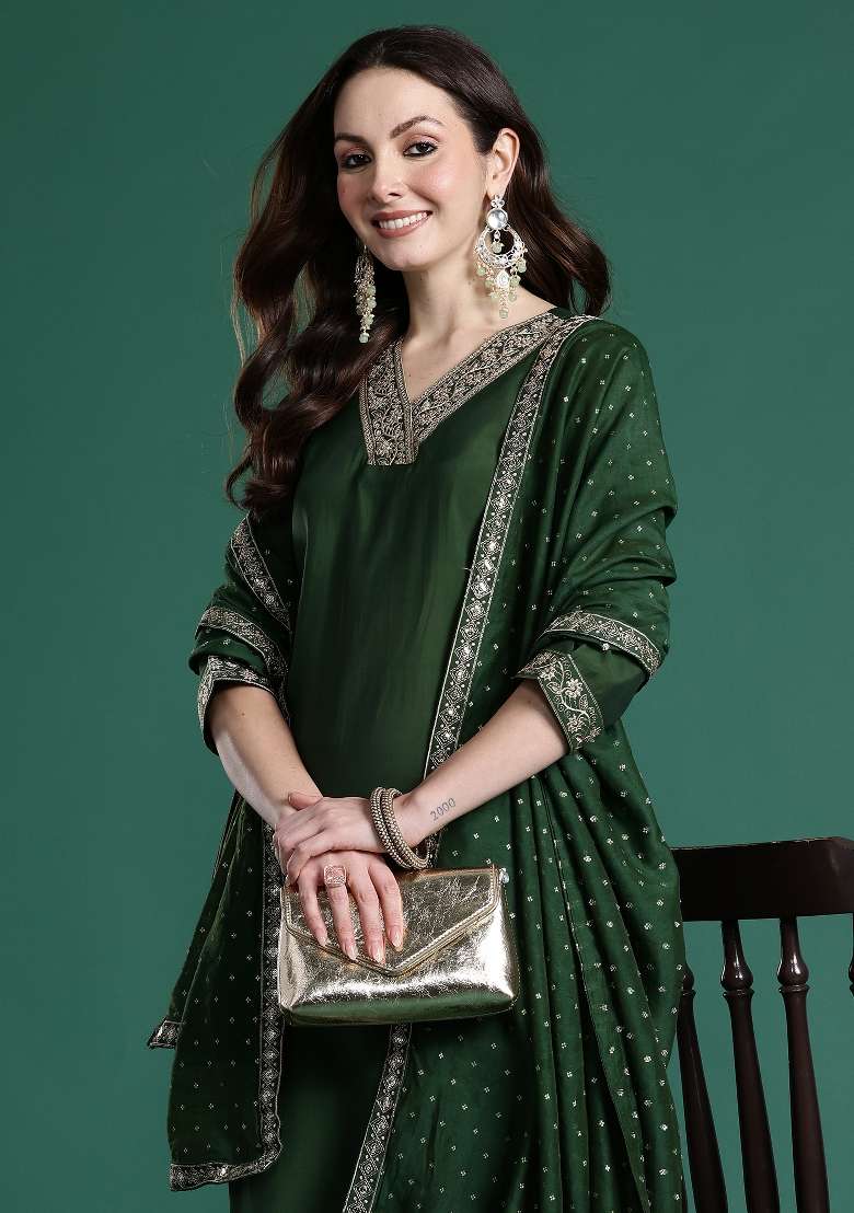 Green Embroidery Silk Kurta Set - Indya