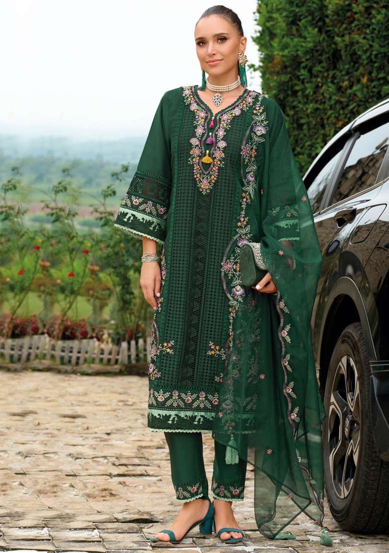 Green Embroidery Silk Kurta Set - Indya
