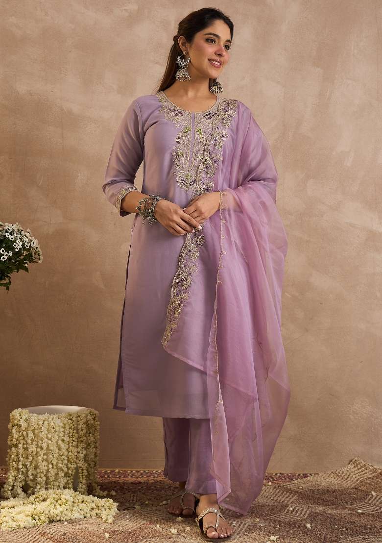 Lavender Embroidery Liva Kurta Set - Indya