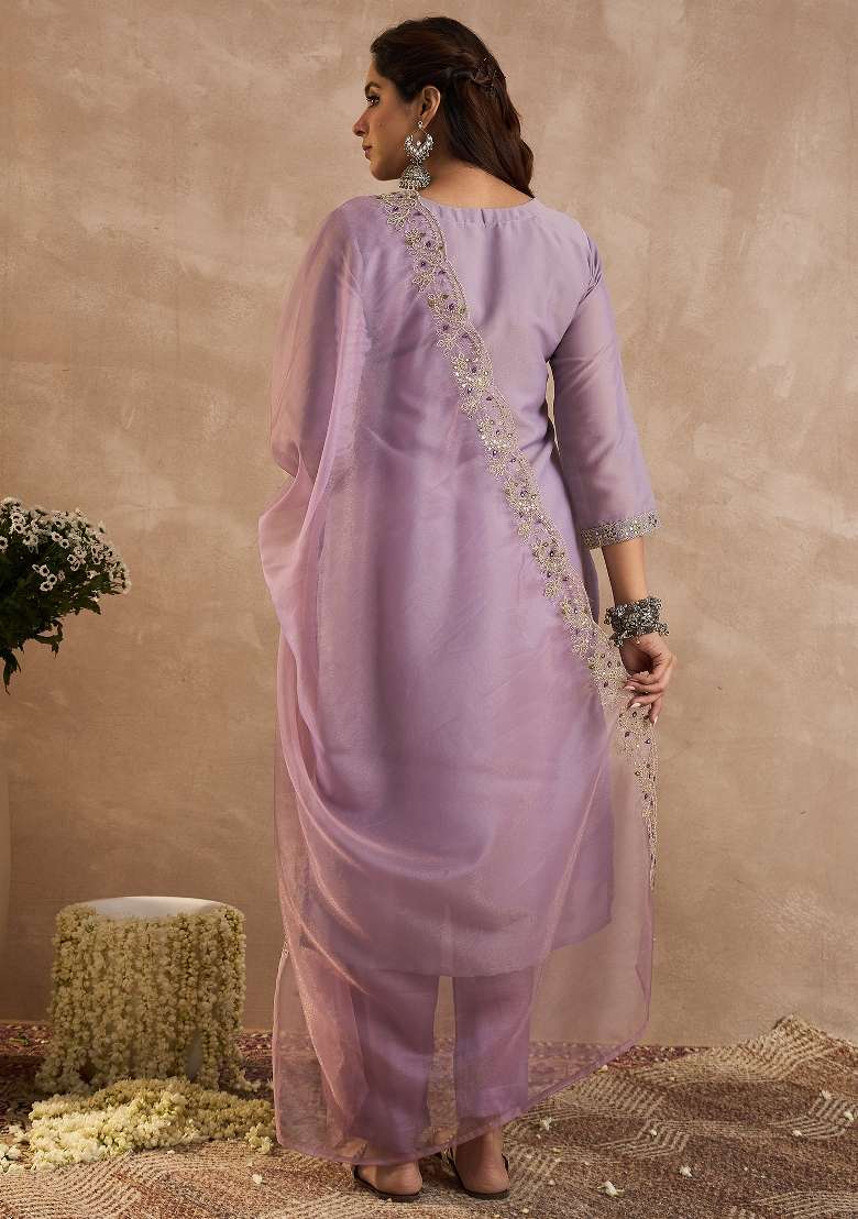 Lavender Embroidery Liva Kurta Set - Indya