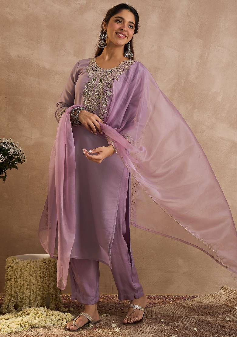 Lavender Embroidery Liva Kurta Set - Indya