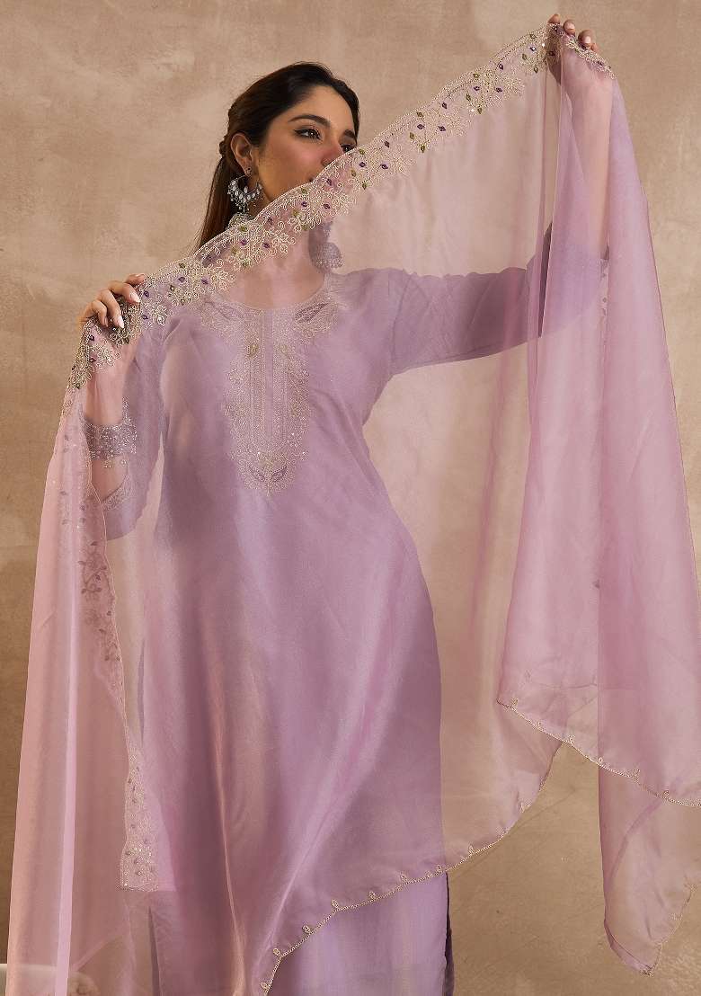 Lavender Embroidery Liva Kurta Set - Indya