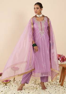 Lavender Embroidery Silk Kurta Set