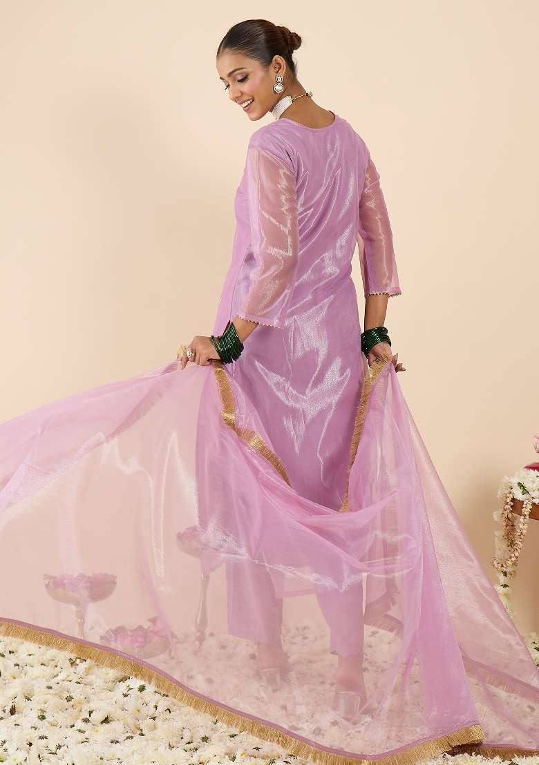 Lavender Embroidery Silk Kurta Set - Indya