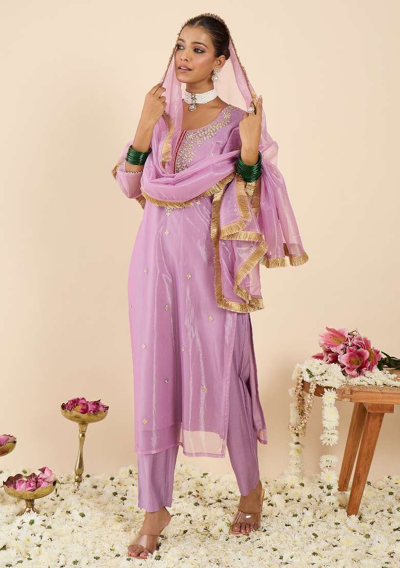 Lavender Embroidery Silk Kurta Set - Indya