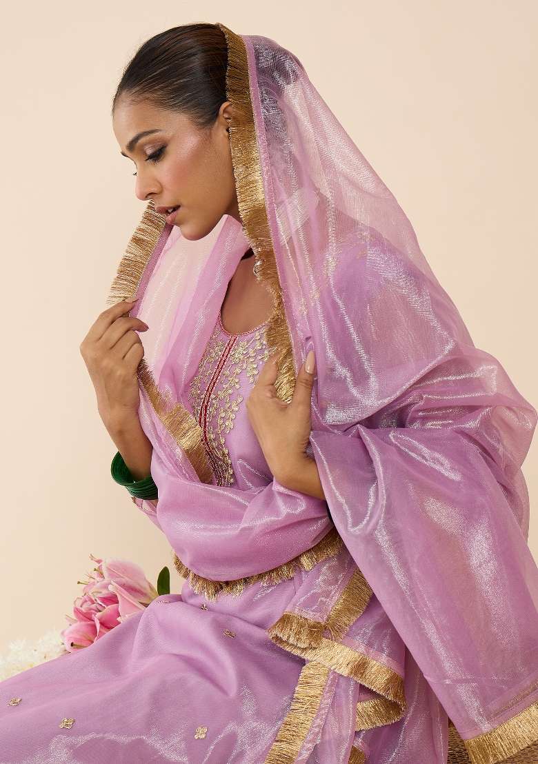 Lavender Embroidery Silk Kurta Set - Indya