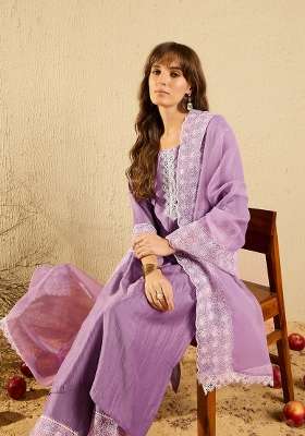 Lavender Embroidery Silk Kurta Set