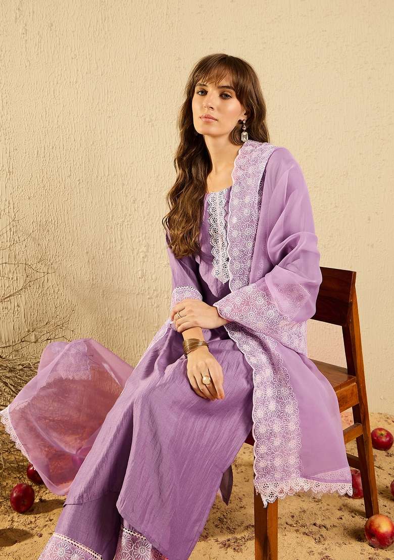 Lavender Embroidery Silk Kurta Set - Indya