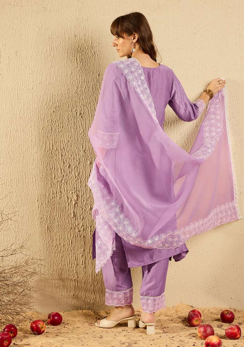 Lavender Embroidery Silk Kurta Set - Indya