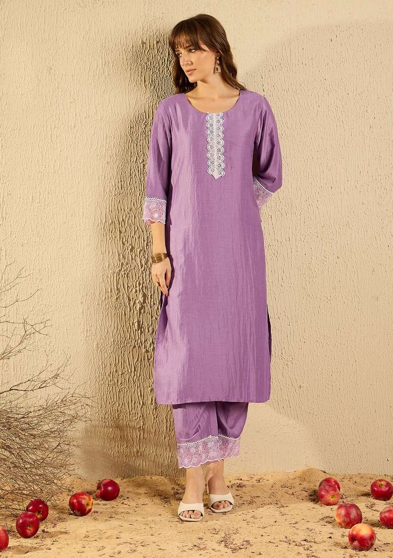 Lavender Embroidery Silk Kurta Set - Indya