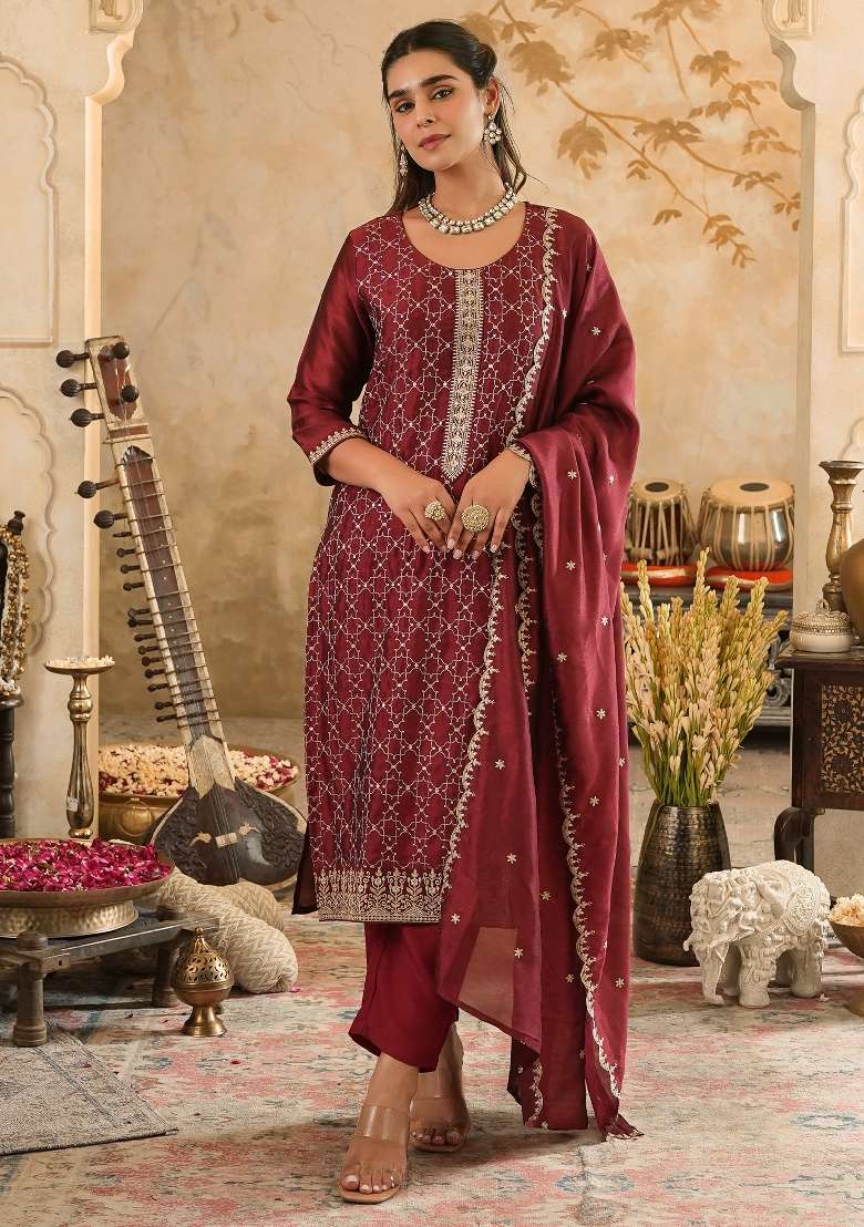 Maroon Embroidery Silk Kurta Set - Indya
