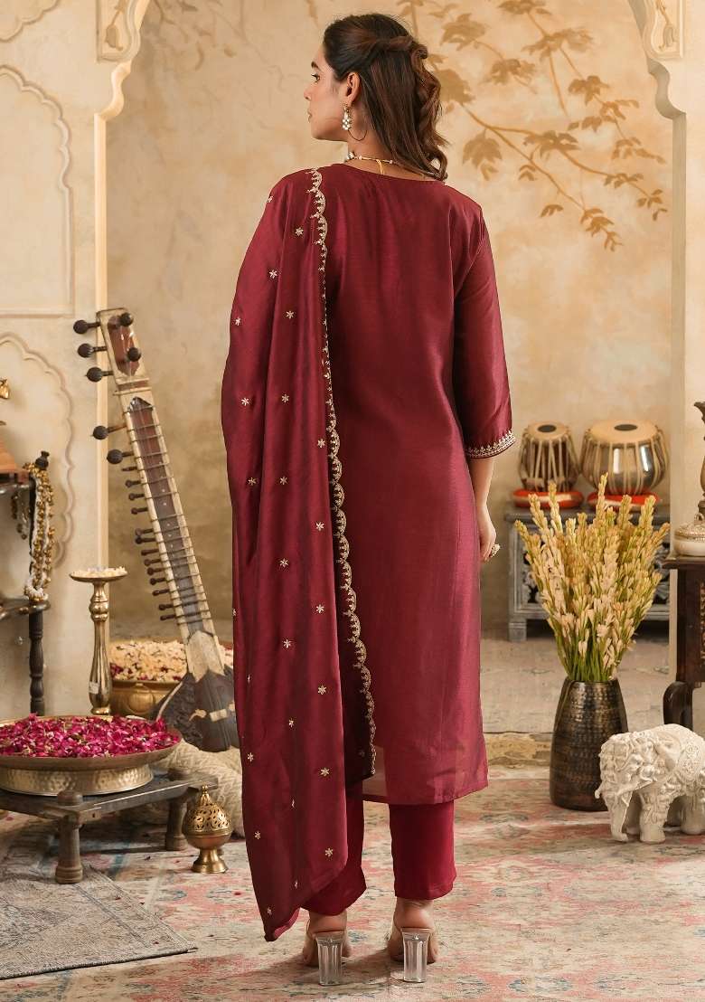 Maroon Embroidery Silk Kurta Set - Indya