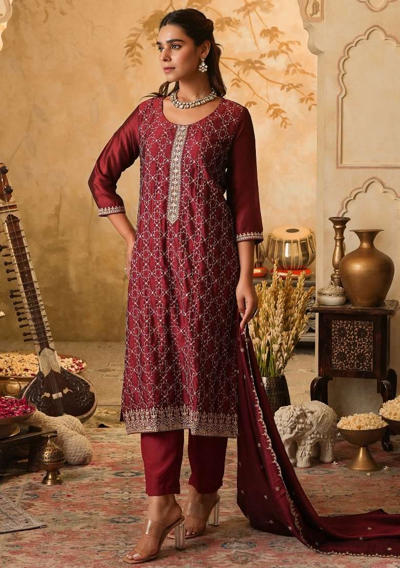 Maroon Embroidery Silk Kurta Set - Indya