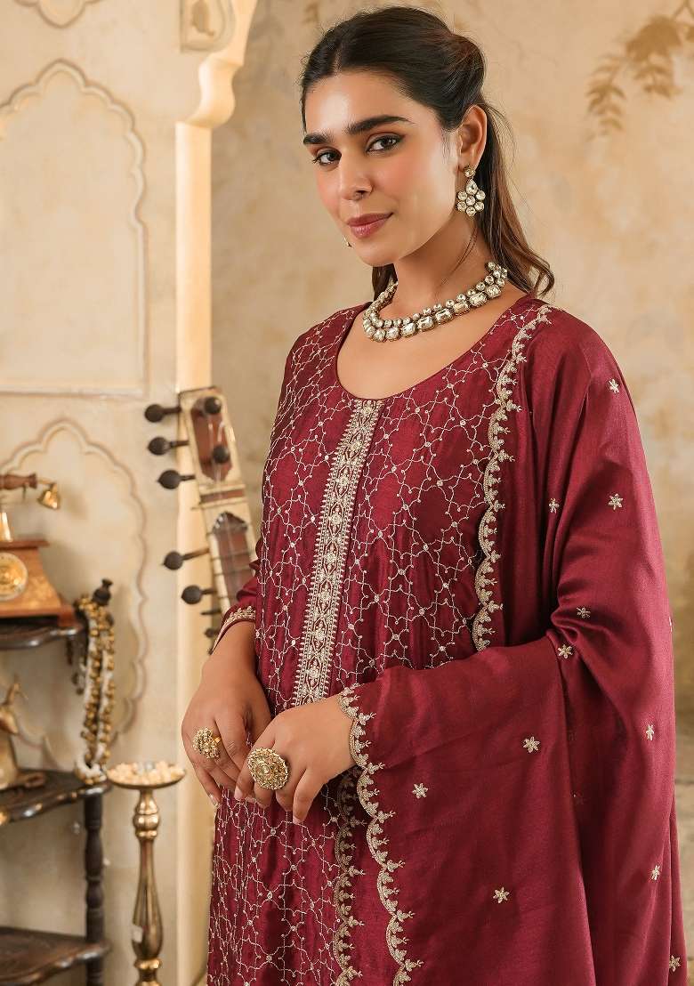 Maroon Embroidery Silk Kurta Set - Indya