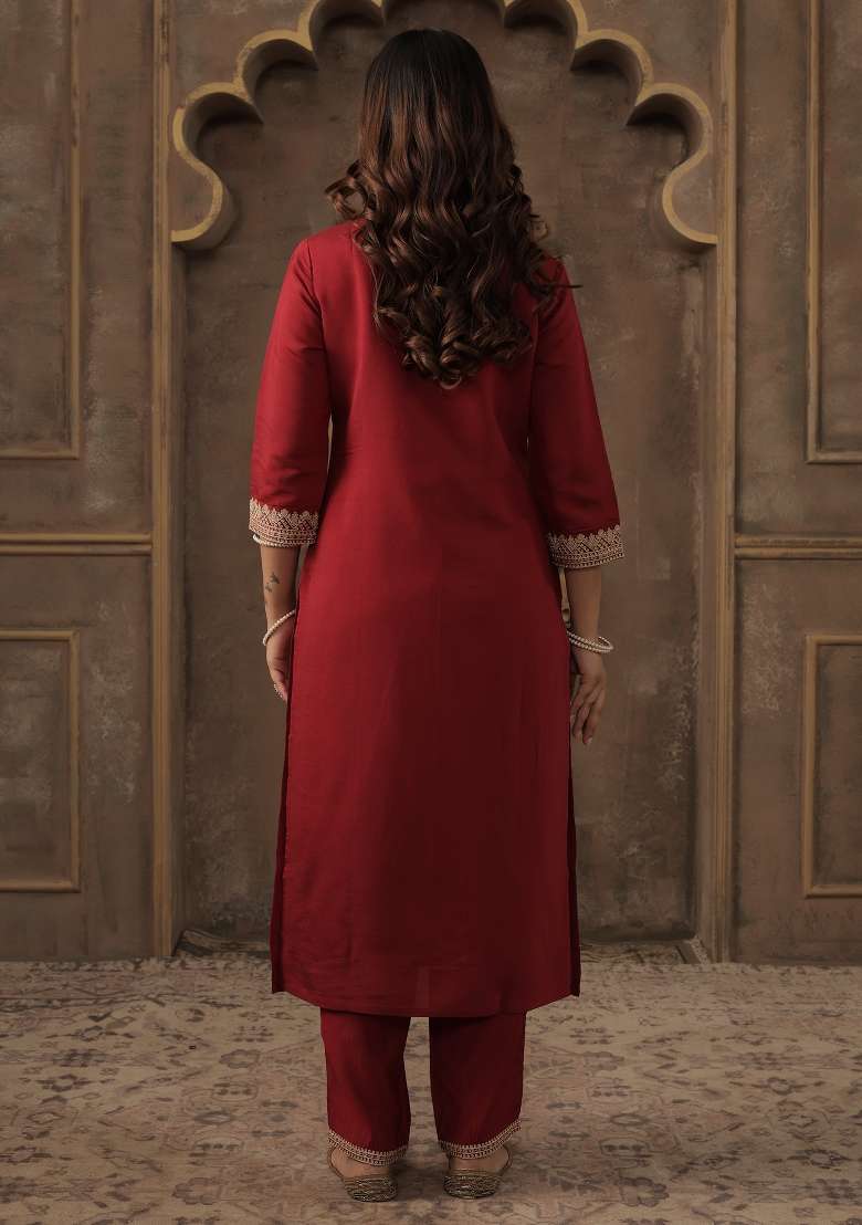 Maroon Embroidery Silk Kurta Set - Indya