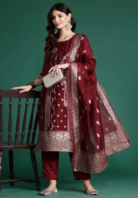 Maroon Printed Silk Kurta Set