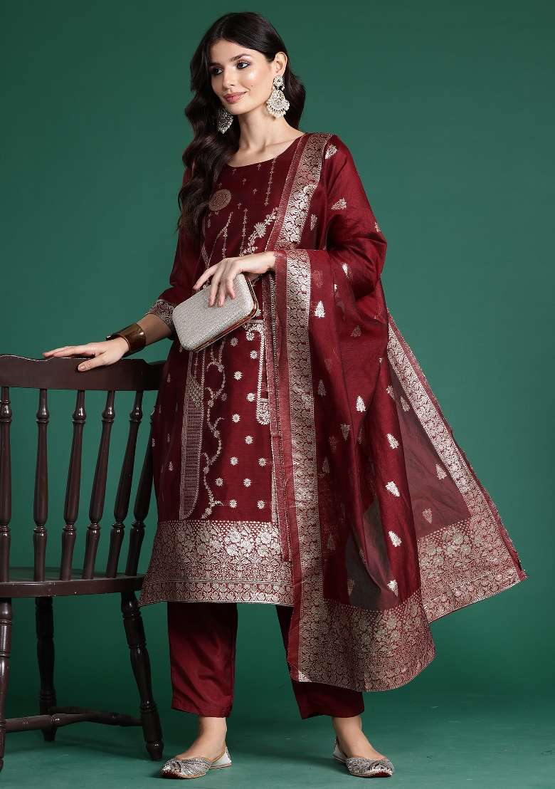 Maroon Printed Silk Kurta Set - Indya