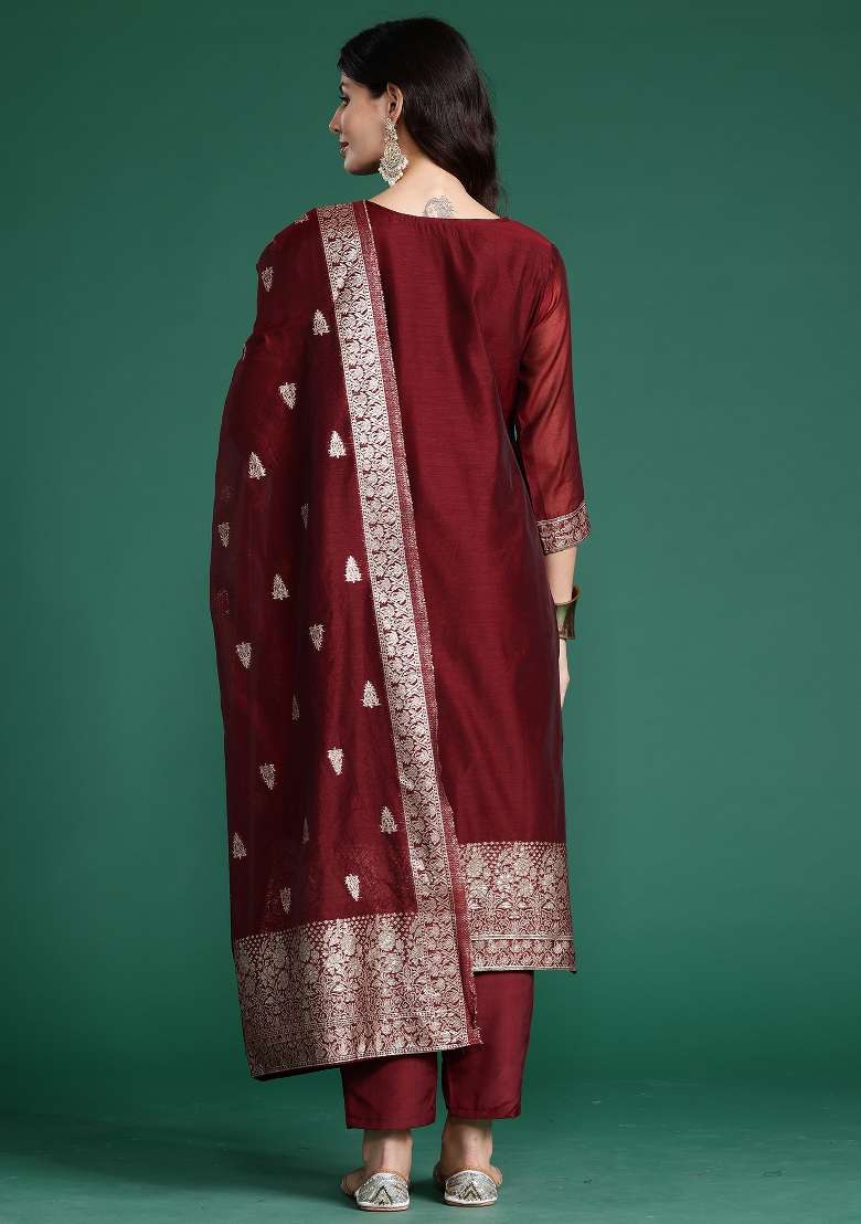 Maroon Printed Silk Kurta Set - Indya