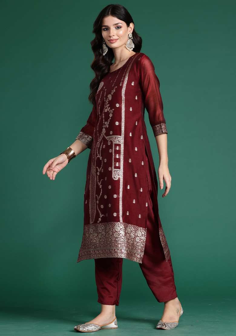 Maroon Printed Silk Kurta Set - Indya