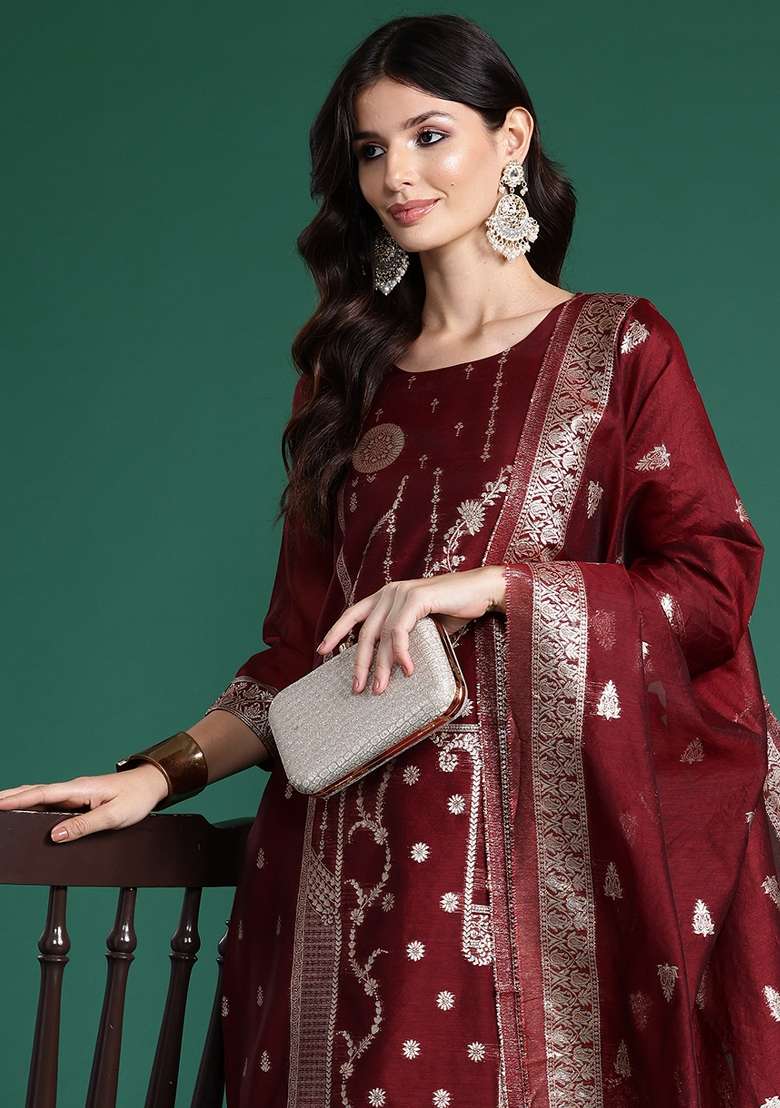 Maroon Printed Silk Kurta Set - Indya
