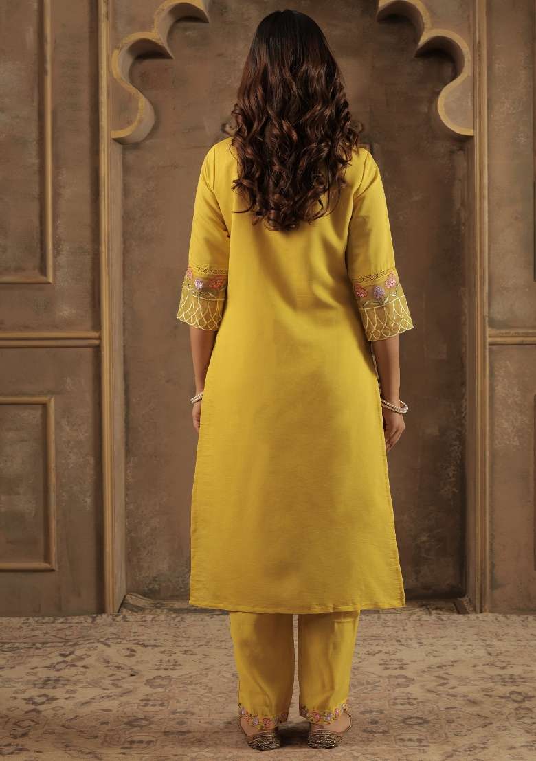 Mustard Embroidery Silk Kurta Set - Indya