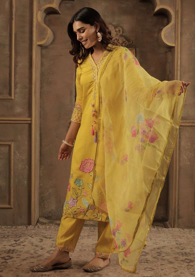 Mustard Embroidery Silk Kurta Set - Indya