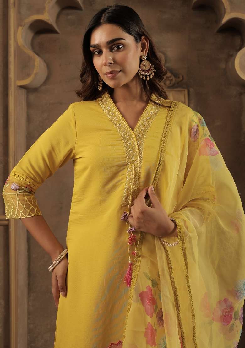 Mustard Embroidery Silk Kurta Set - Indya