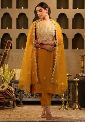 Mustard Embroidery Silk Kurta Set