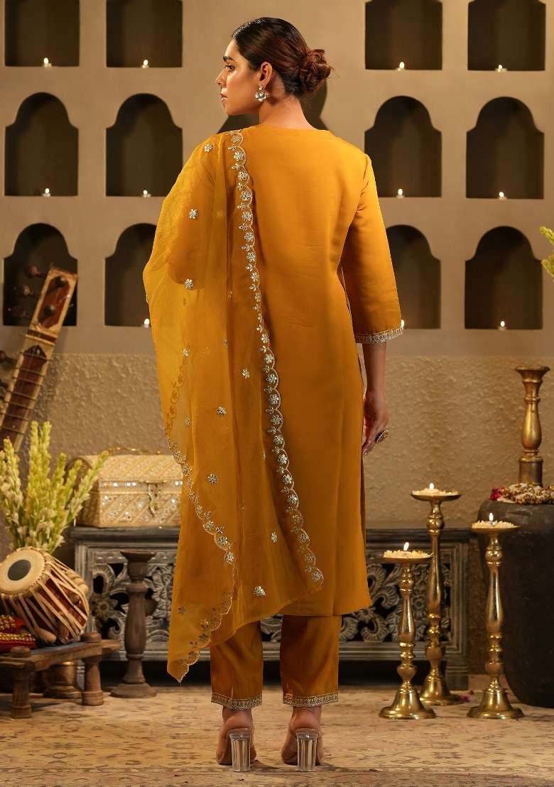 Mustard Embroidery Silk Kurta Set - Indya