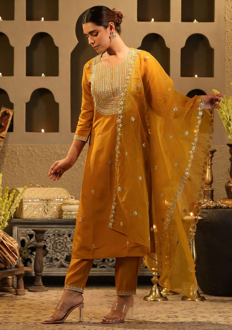 Mustard Embroidery Silk Kurta Set - Indya