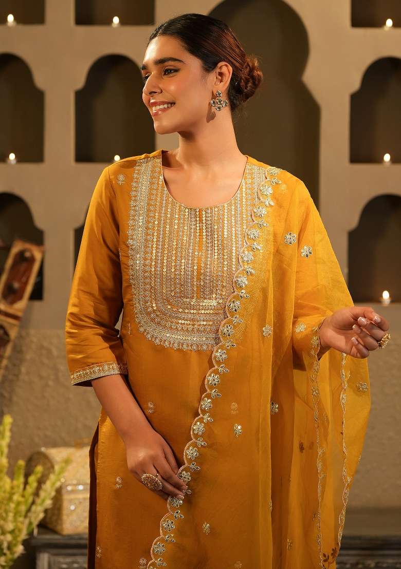 Mustard Embroidery Silk Kurta Set - Indya