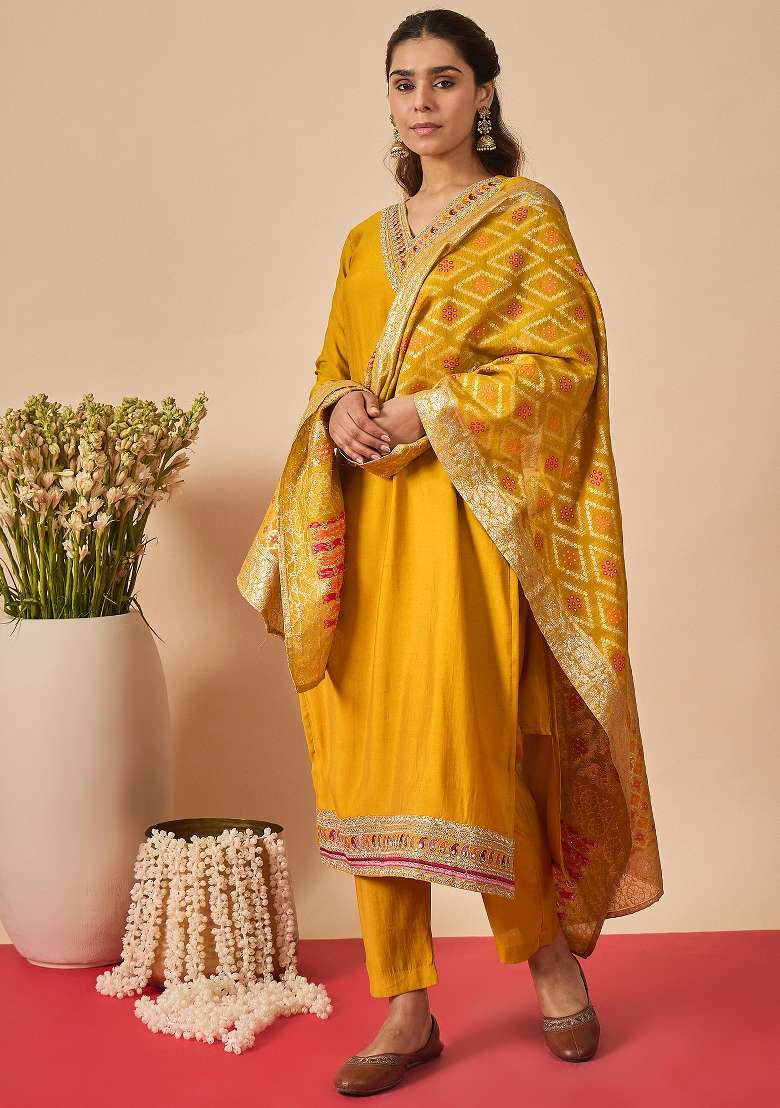 Mustard Embroidery Silk Kurta Set - Indya