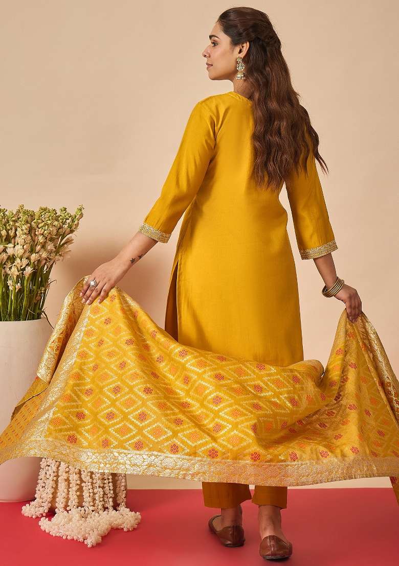 Mustard Embroidery Silk Kurta Set - Indya