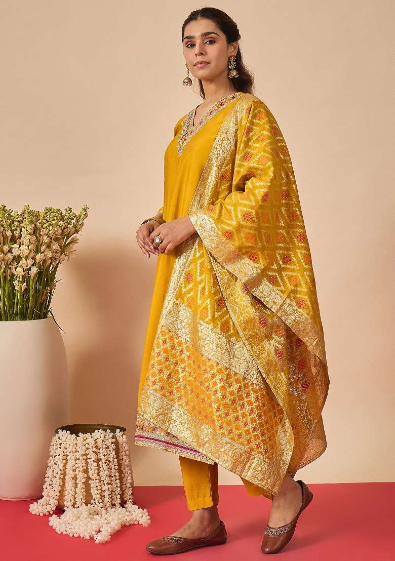 Mustard Embroidery Silk Kurta Set - Indya