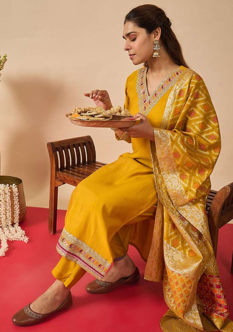 Mustard Embroidery Silk Kurta Set - Indya