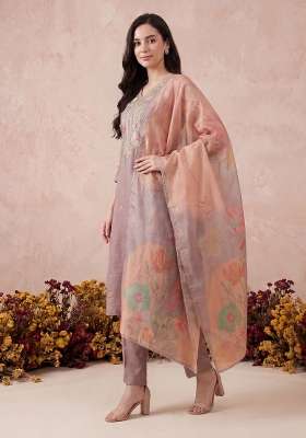 Mauve Embroidery Silk Kurta Set