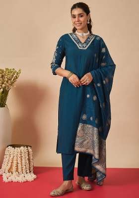 Navy Blue Embroidery Silk Kurta Set