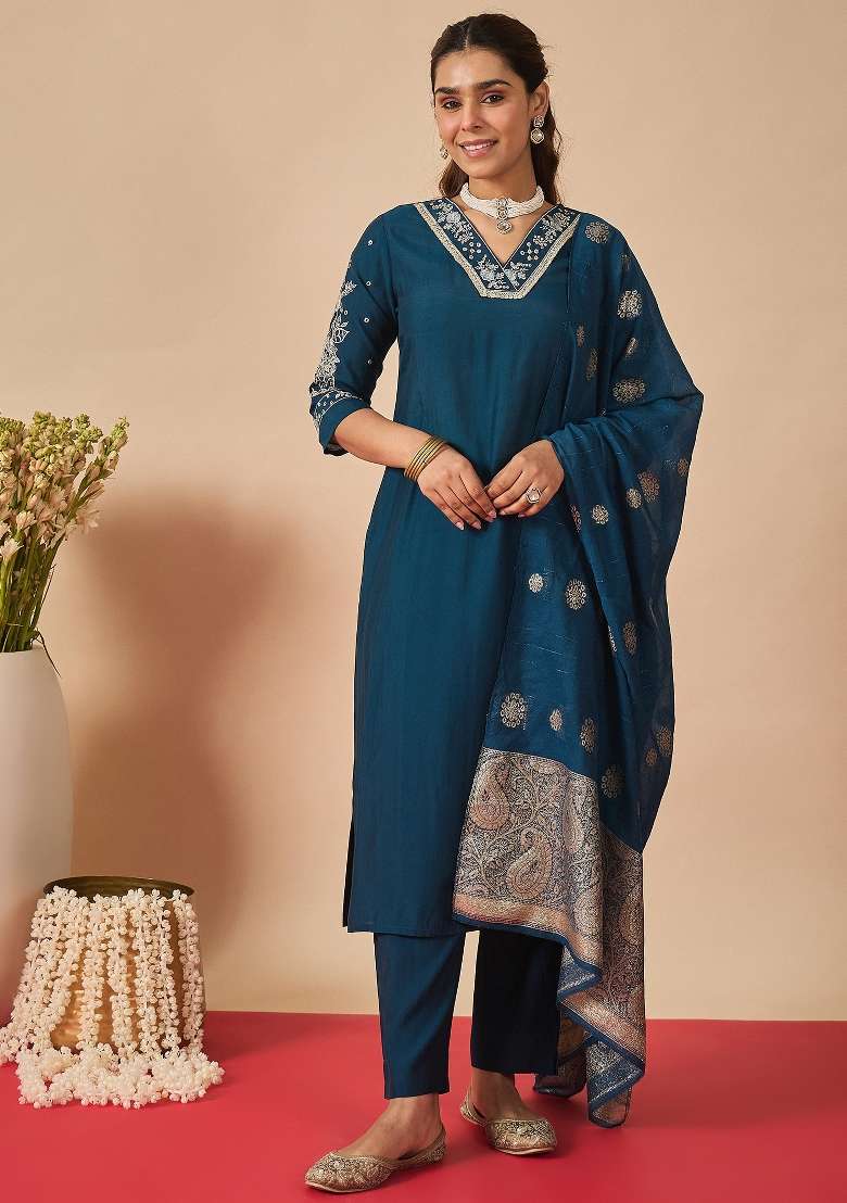 Navy Blue Embroidery Silk Kurta Set - Indya