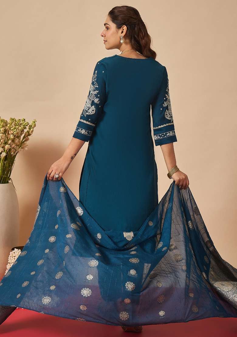 Navy Blue Embroidery Silk Kurta Set - Indya