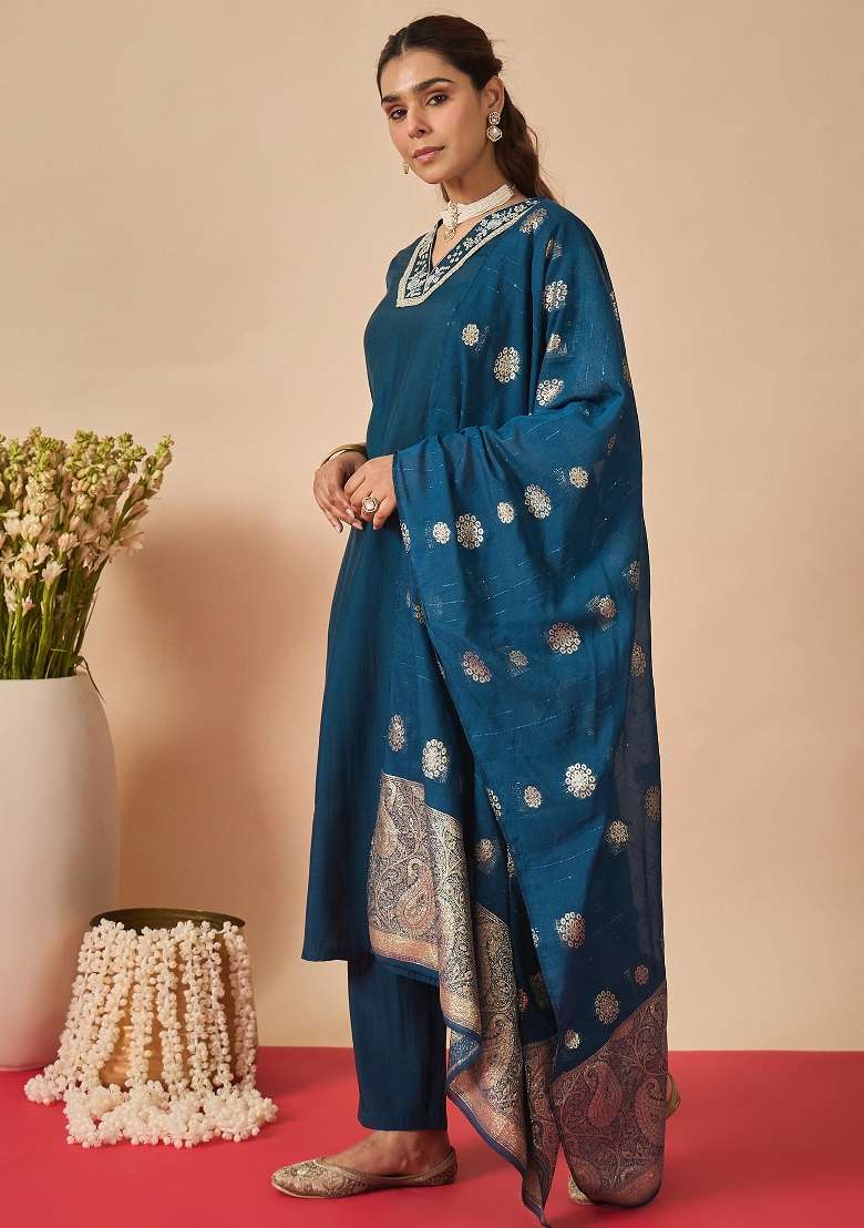 Navy Blue Embroidery Silk Kurta Set - Indya