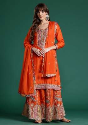 Orange Embroidery Chinnon Kurta Set