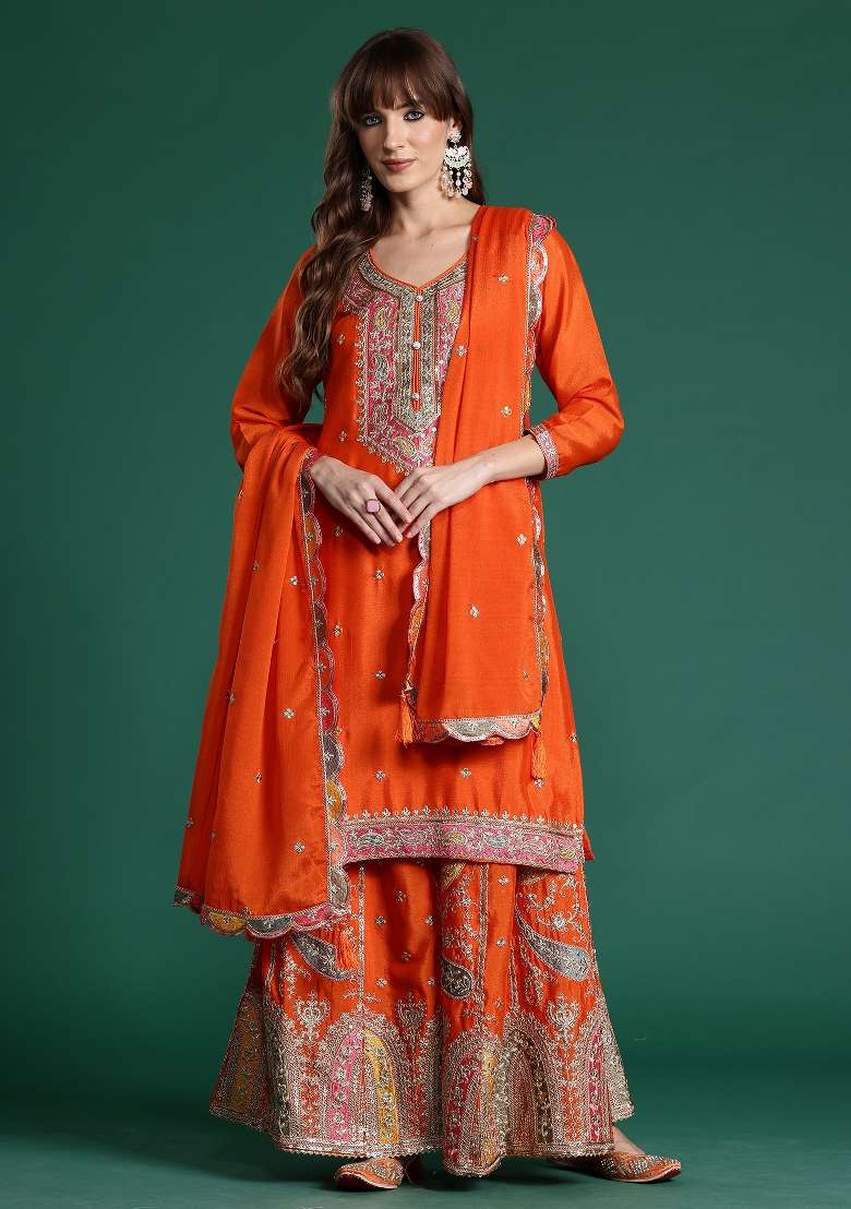 Orange Embroidery Chinnon Kurta Set - Indya